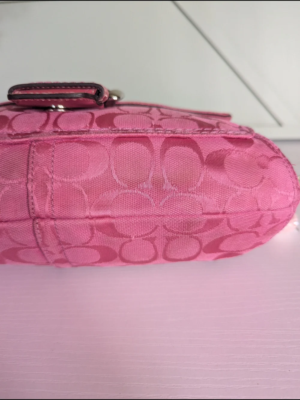 Coach Pink Signature Shoulder Bag with Buckle and Charm